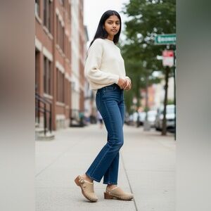 Zara Tan Women's Leather Suede and Wooden Clogs with Faux Shearling Size 7.5